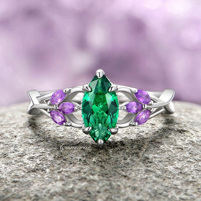 14K White Gold Emerald & Amethyst Mystical Fairy Ring - Elegant Birthstone Jewelry for Women, Perfect for Weddings, Anniversaries & Special Occasions
