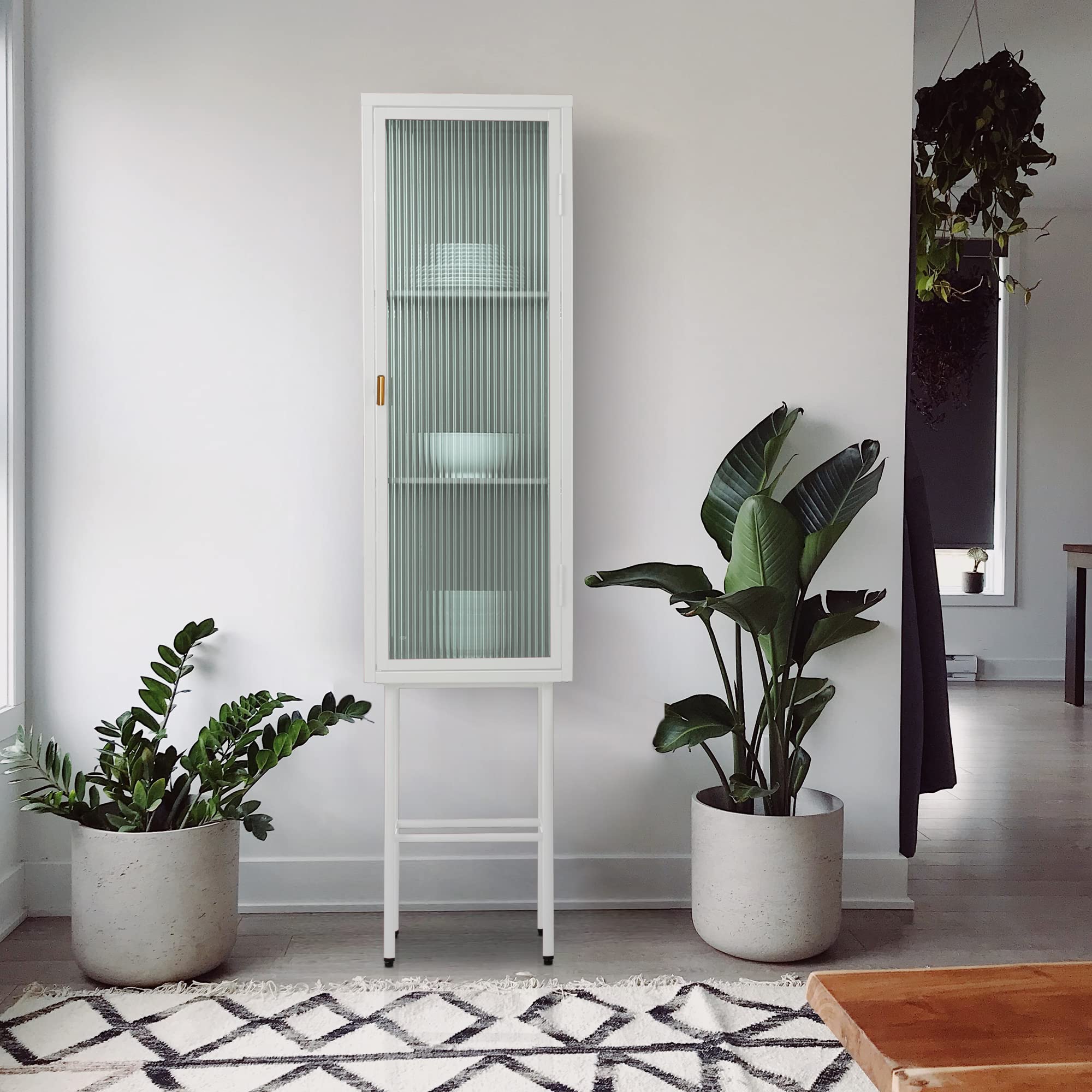 Modern White Metal & Fluted Glass Curio Cabinet with Adjustable Shelves - Multi-Functional Display Storage for Dining Room, Living Room, Bathroom & Entryway - Perfect for Showcasing Collectibles, China, Liquor Bottles & Home Decor (Single Door Tall Cabinet)