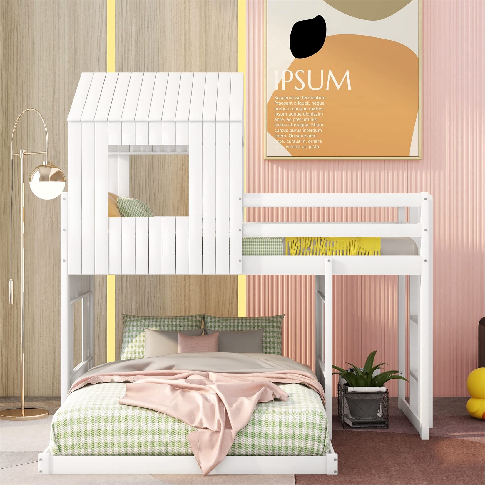 Harper & Bright Twin Over Full Bunk Bed - Wood Playhouse for Kids, White | Space-Saving Kids Room Furniture