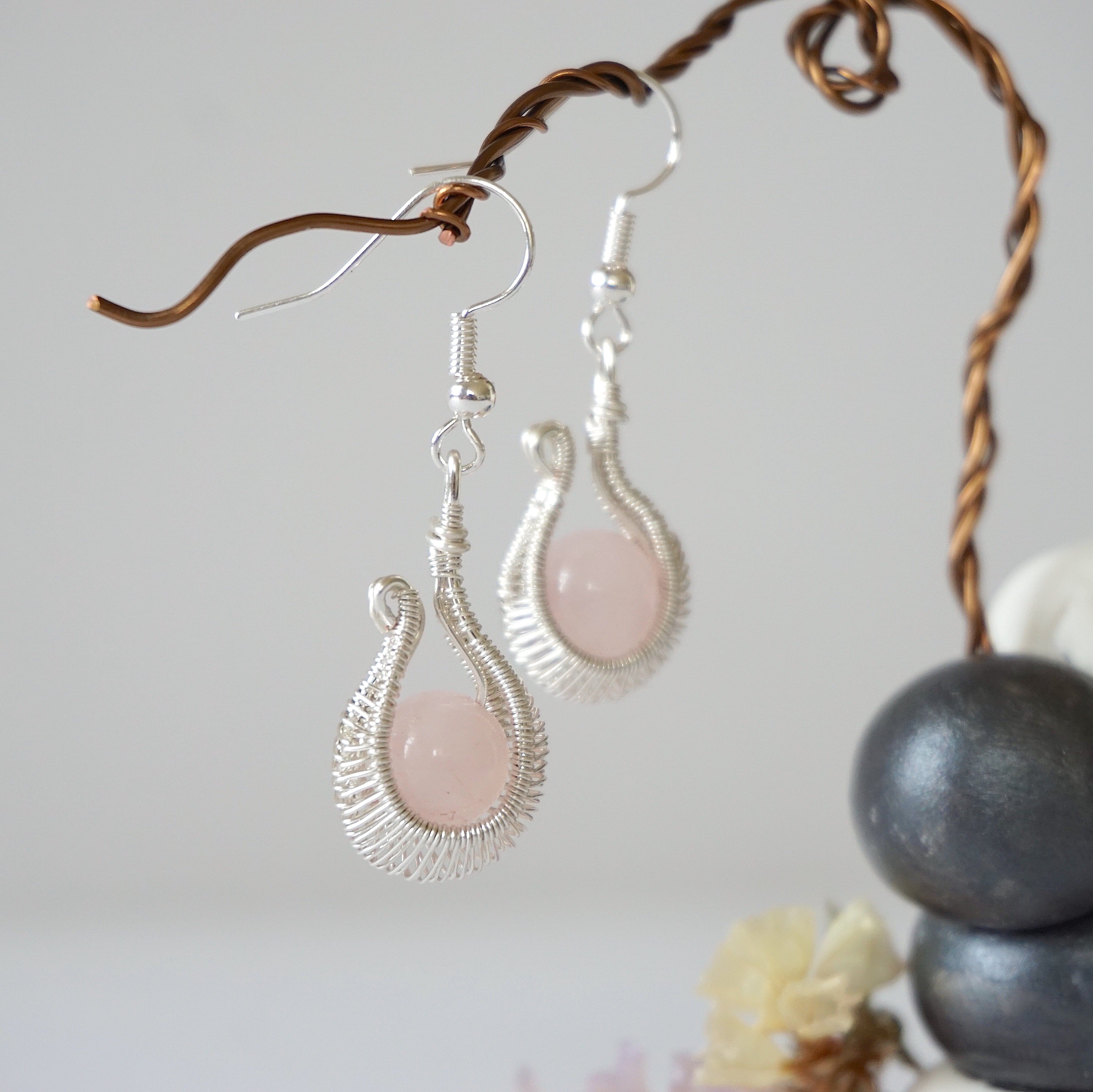 Rose Quartz Hoop Earrings - Silver Plated Cradle Design for Women | Healing Crystal Jewelry for Everyday Wear & Spiritual Wellness