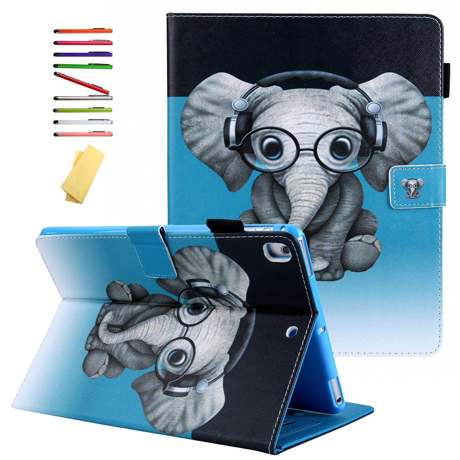 Premium PU Leather iPad 9.7 Case (2017/2018) - Slim Stand Folio Cover with Pencil Holder for iPad 5th/6th Gen, iPad Air 1/2 & iPad Pro 9.7 | Baby Elephant Design | Perfect for Work, School & Travel Protection