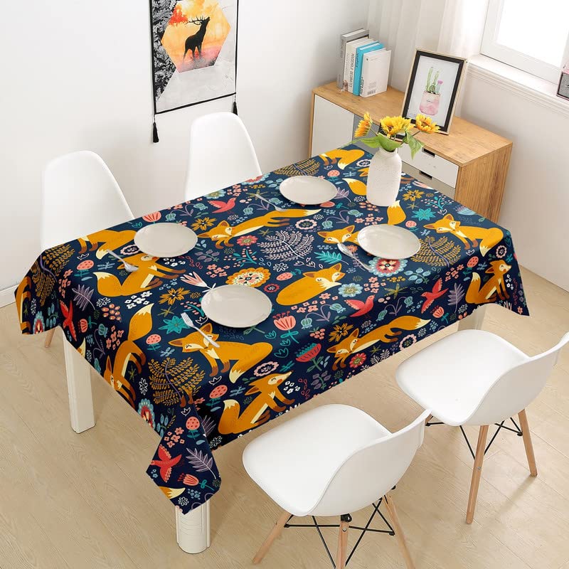 Fox Duvet Tablecloths - Floral Bird Print Bohemian Table Cover for Kids, Girls, Boys & Adults - Wild Animal & Plant Themed Exotic Dining Decor - 55