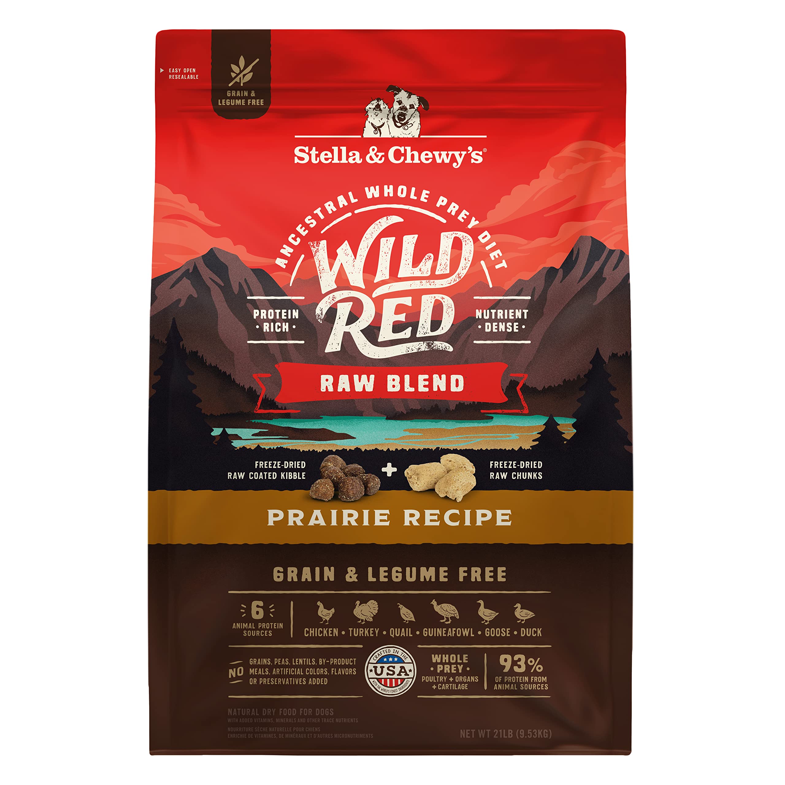 Stella & Chewy's Wild Red High Protein Dry Dog Food - Grain Free, Legume Free Prairie Recipe Raw Blend - 21 lb Bag for Large & Active Dogs - Perfect for Outdoor Adventures & Training Rewards