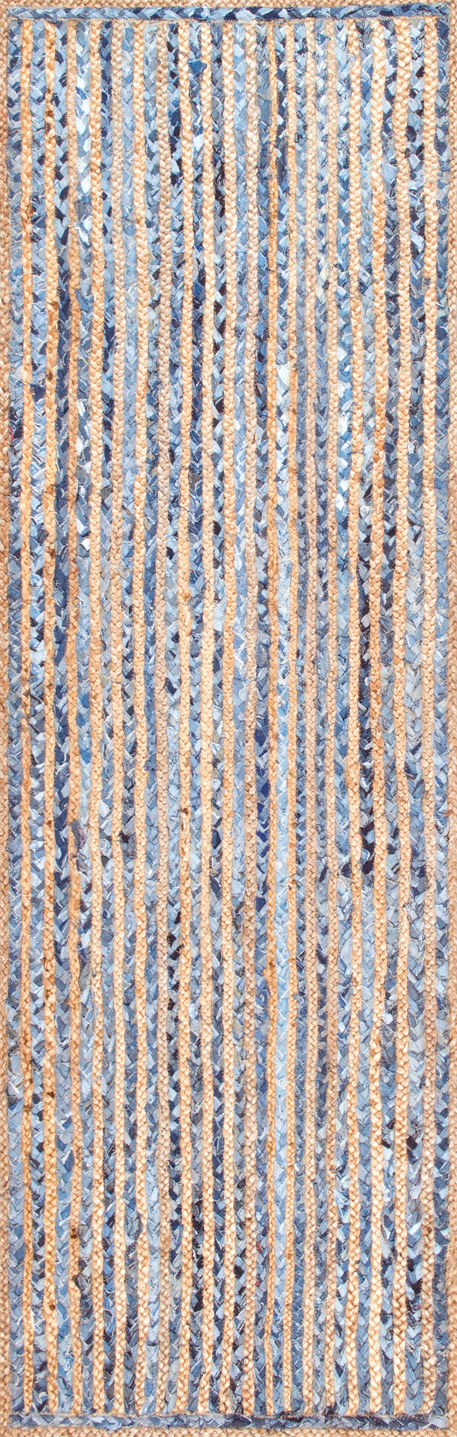 Hand Braided Jute and Denim Striped Area Rug - Blue and White Bohemian Style Floor Mat for Living Room, Bedroom, or Nursery Decor
