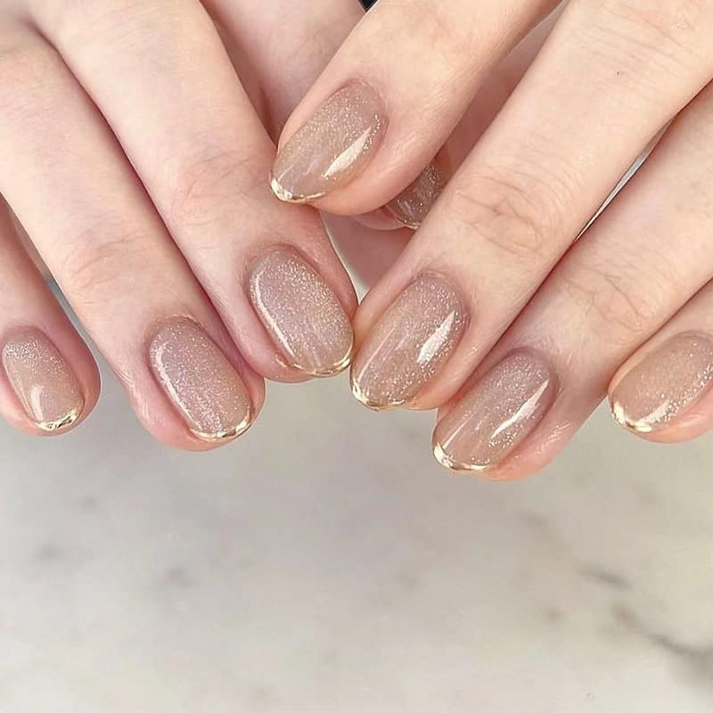 WonderTrail 24pcs Reusable Press On Nails - Brown Oval Cat Eye Effect with Golden French Tips & Application Kit | Perfect for Parties, Weddings, and Special Occasions
