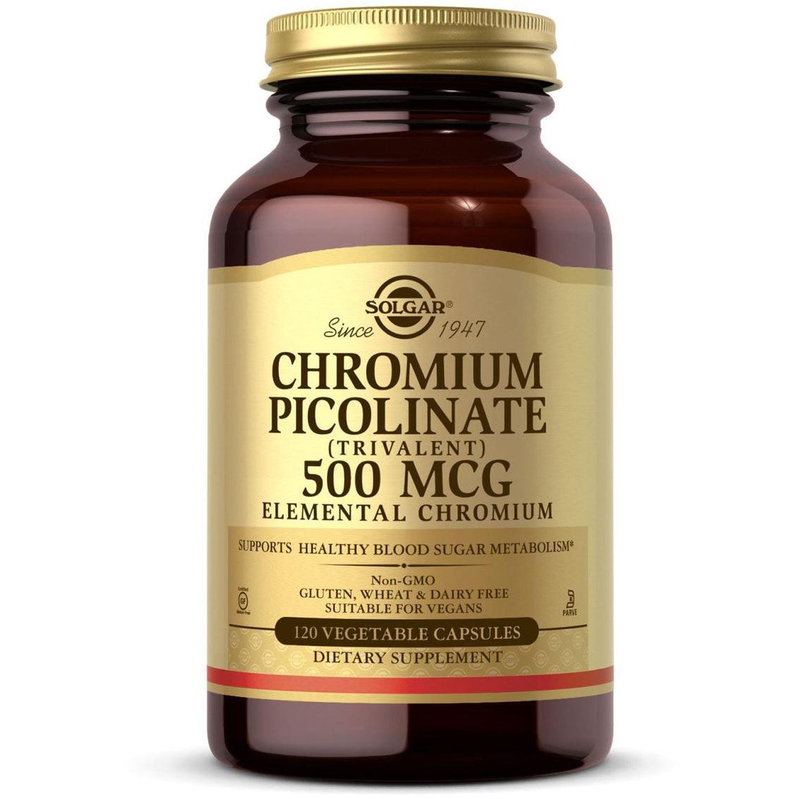 Solgar Chromium Picolinate 500 mcg Supplement for Blood Sugar Support & Metabolism - Vegan Capsules for Weight Management & Energy Boost