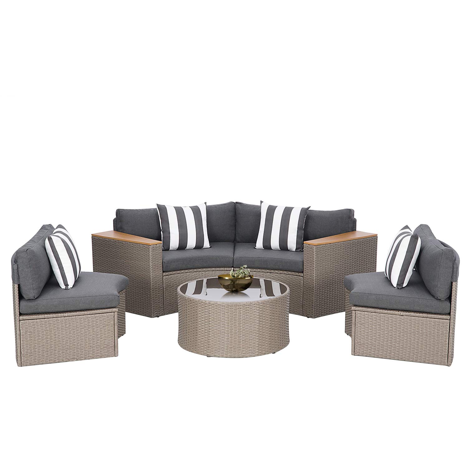 5-Piece Outdoor Round Sofa Set - All-Weather Wicker Half Moon Sectional Patio Furniture with Round Table & Thick Cushions (Dark Grey) - Perfect for Garden, Poolside & Backyard Conversations