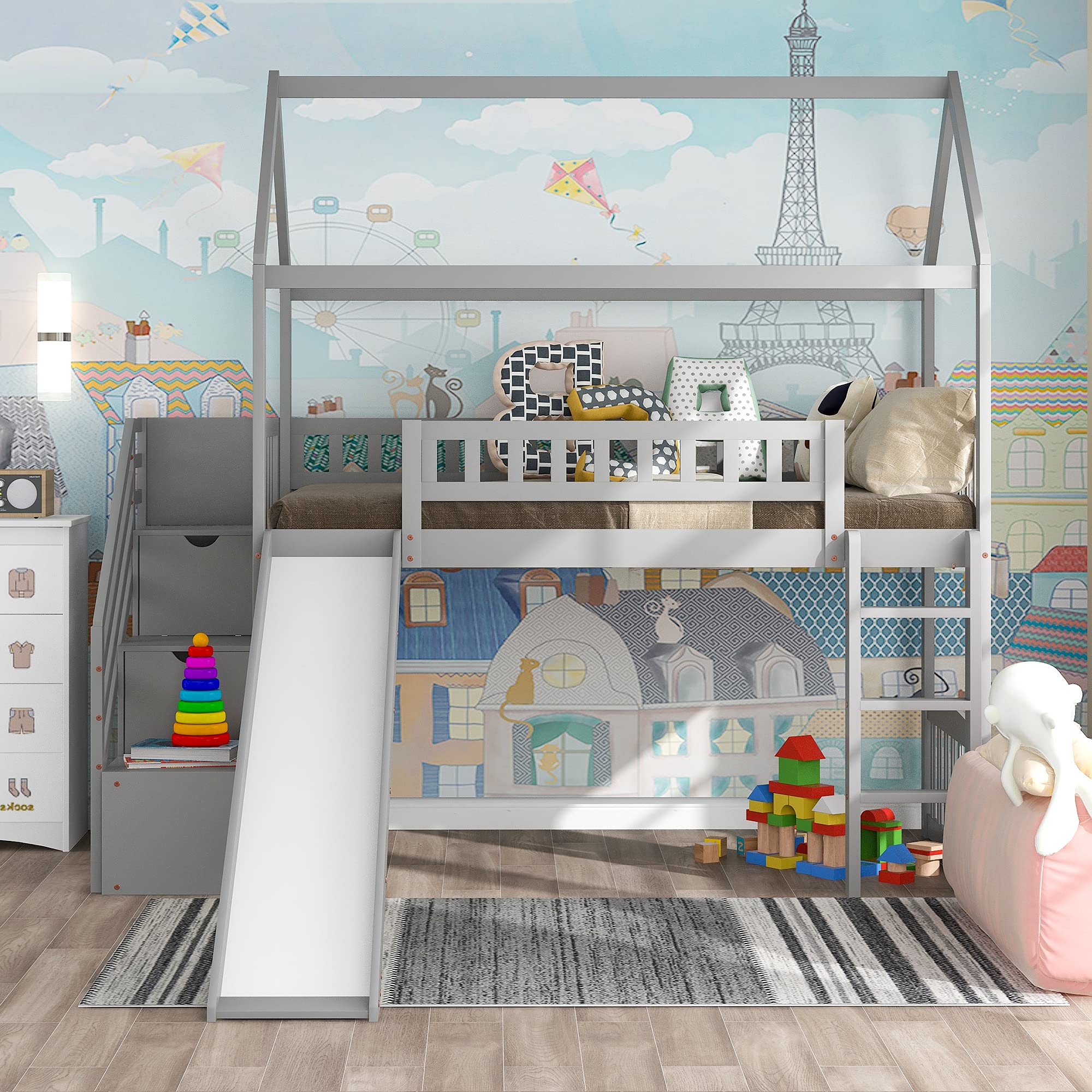 Harper & Bright Designs Solid Wood Twin Size Loft Bed with Storage Stairs & Slide - Kids, Teens, Boys & Girls Bed Frame (Gray) | Perfect for Small Bedrooms, Playrooms & Dorm Rooms