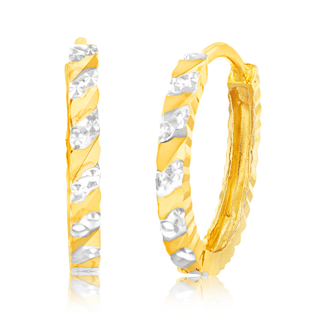 9ct Yellow & White Gold Diamond Cut Fancy Hoop Earrings for Women - Elegant Dangle Drop Earrings for Party, Wedding & Everyday Wear