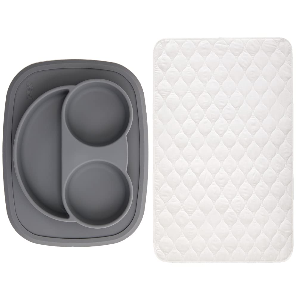 Gorilla Grip Non-Slip Silicone Baby Plate & Washable Incontinence Pad Set | Microwave & Dishwasher Safe Toddler Feeding Dish (Gray) + 52x44 Inch Absorbent Underpad (White, Holds 11 Cups) | Perfect for Mealtime & Bedwetting Protection
