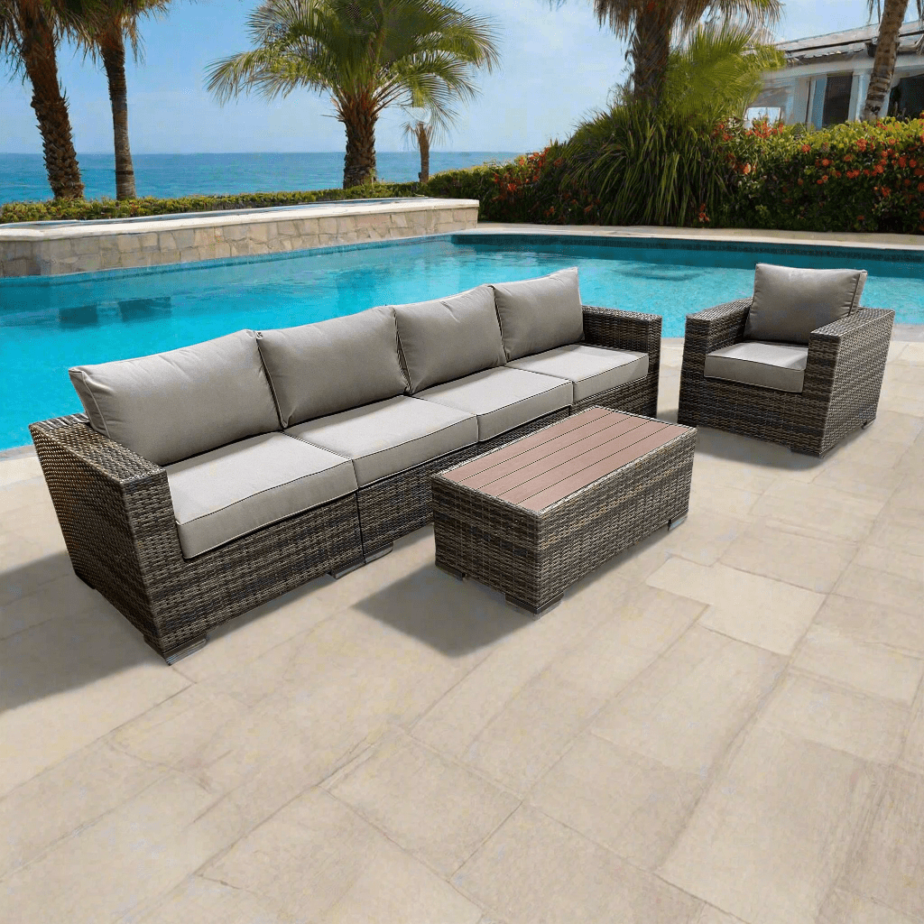 Brown Wicker Patio Furniture Set - 3-Piece Outdoor Sofa, Club Chair & Coffee Table with Sunbrella Taupe Cushions | Durable All-Weather Rattan Living Room Set for Backyard, Poolside & Garden Relaxation