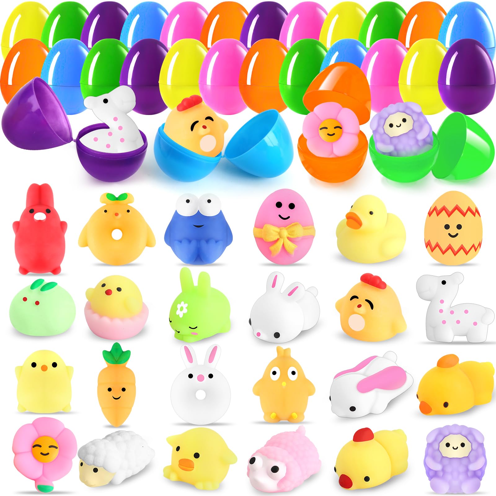 24 Pack Easter Eggs Fillers with Mochi Squishy Toys - Plastic Easter Basket Stuffers with Sensory Fidget Toys Inside - Perfect for Easter Egg Hunts, Party Favors, and Gift Baskets for Kids, Boys, Girls, Toddlers & Teens - Great for Stress Relief, Classroom Rewards and Birthday Party Supplies