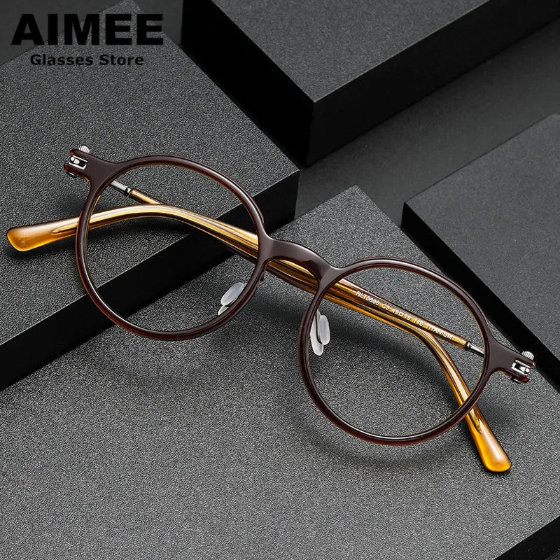 Stylish Aimee Unisex Full Rim Round Acetate Titanium Eyeglasses 5886 - Lightweight & Durable Frames for Work, Reading & Everyday Wear