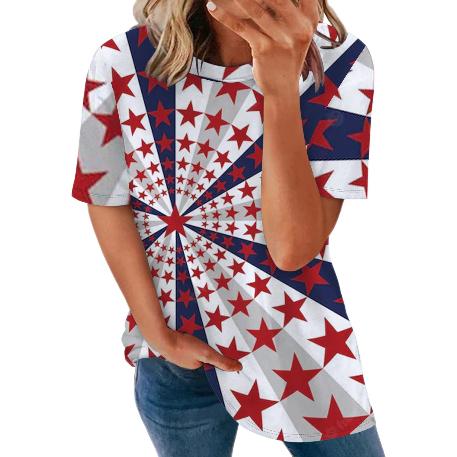 Women's Short Sleeve Casual T-Shirt - USA Flag Print Summer Top | Breathable Cotton O-Neck Tee for Beach, BBQ & Patriotic Events