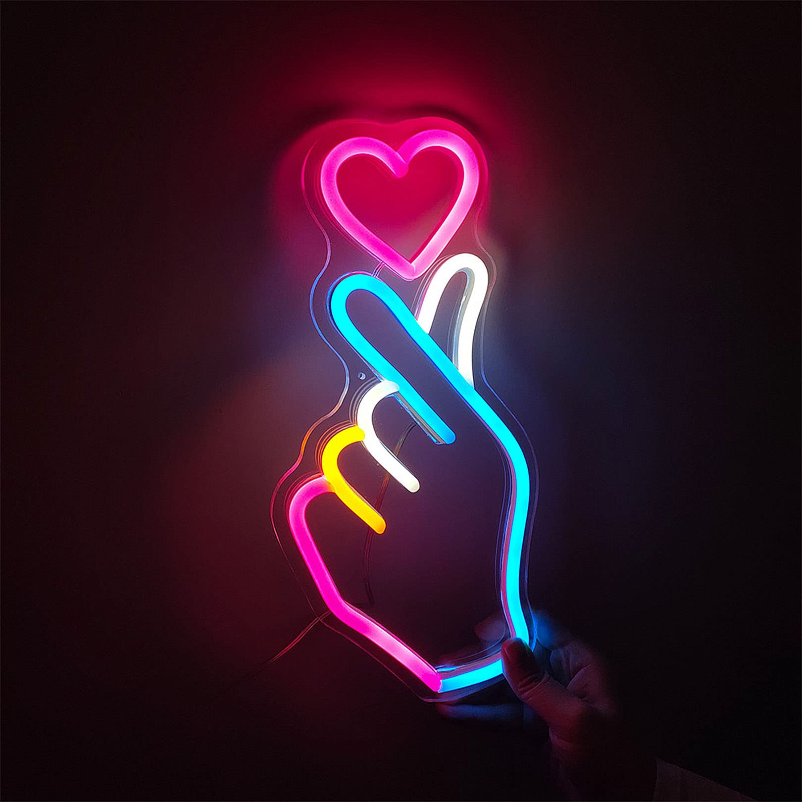 Finger Heart Neon Signs - LED Hand Heart Gesture Light for Wall Decor, Bedroom & Game Room - Romantic Love Symbol for Valentine's Day, Wedding, Anniversary Gifts
