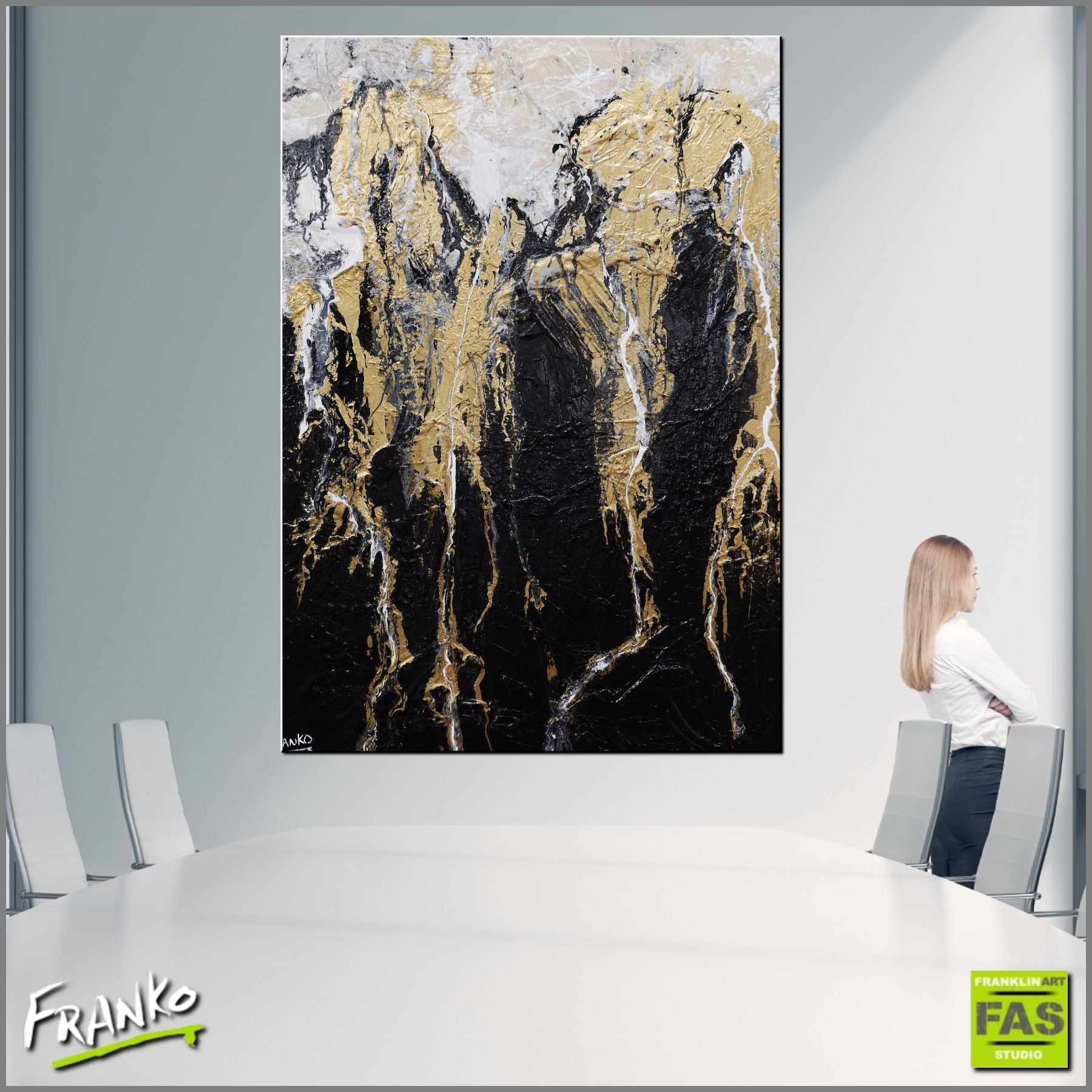 140cm x 100cm Black and Gold Abstract Painting with Metallic Veins - Modern Wall Art for Living Room, Bedroom & Office Decor
