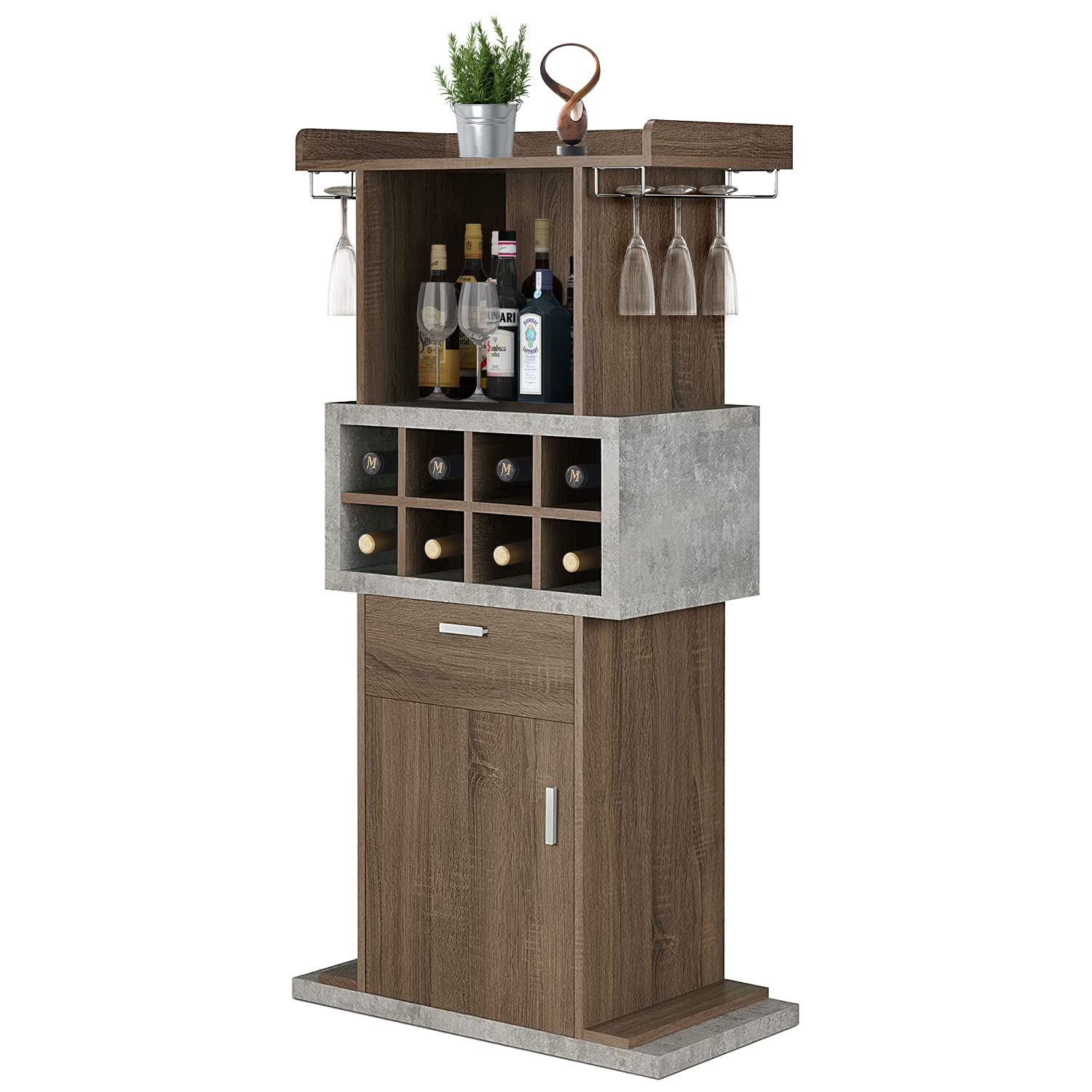Industrial Wine Bar Cabinet with Storage - Cement Inspired Design Liquor & Glass Display Buffet for Living Room | Home Bar, Coffee Bar & Dining Room Accent Furniture (Brown)