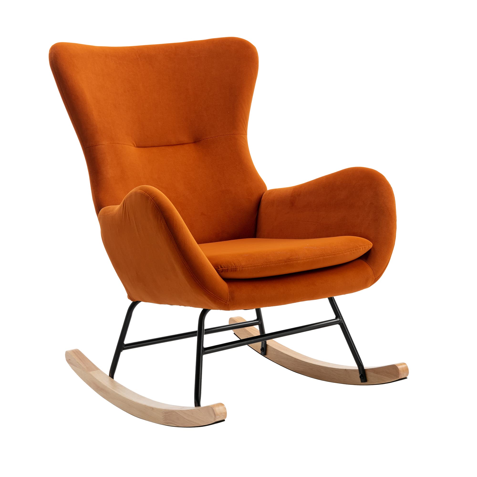 GGH Modern Velvet Rocking Chair with High Backrest & Armrests - Solid Wood Legs Accent Chair for Living Room, Bedroom, Nursery - Cozy Lambswool Armchair for Relaxing, Reading & Nursing (Orange)