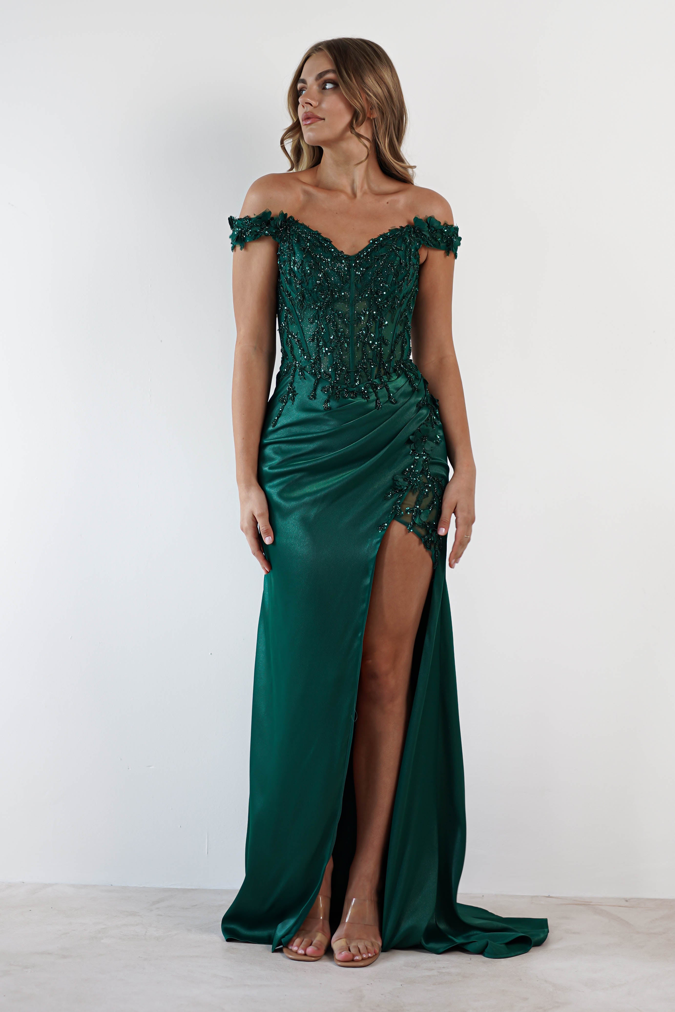 Khacy Embellished Gown - Elegant Emerald Green Evening Dress for Women | Perfect for Prom, Gala, Wedding & Formal Events