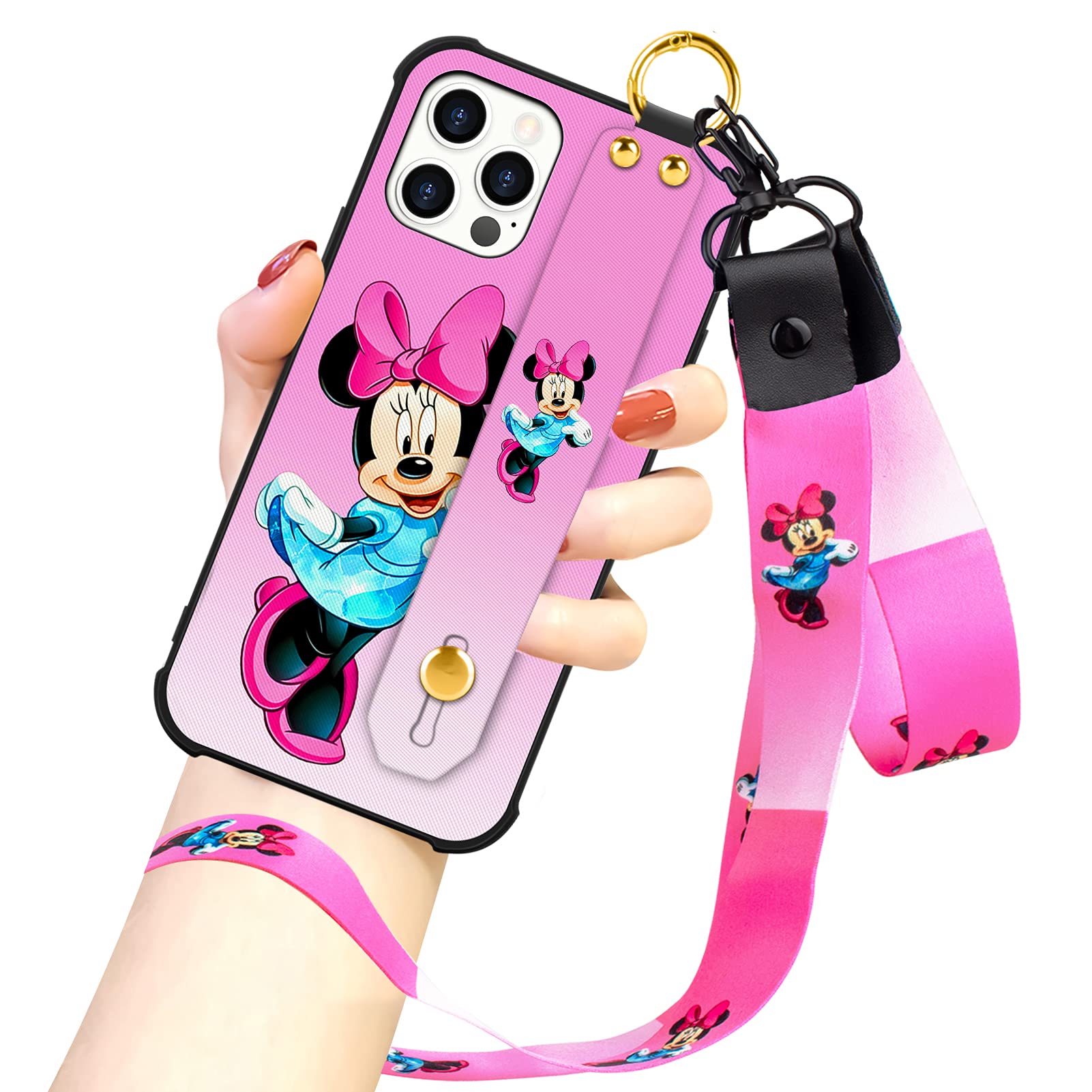Cuwana Cute Minnie Mouse Cartoon iPhone 12 Pro Max Case (6.7 Inch) - Shockproof Protective Cover with Lanyard Wrist Strap & Kickstand - Perfect for Disney Fans, Kids & Everyday Use