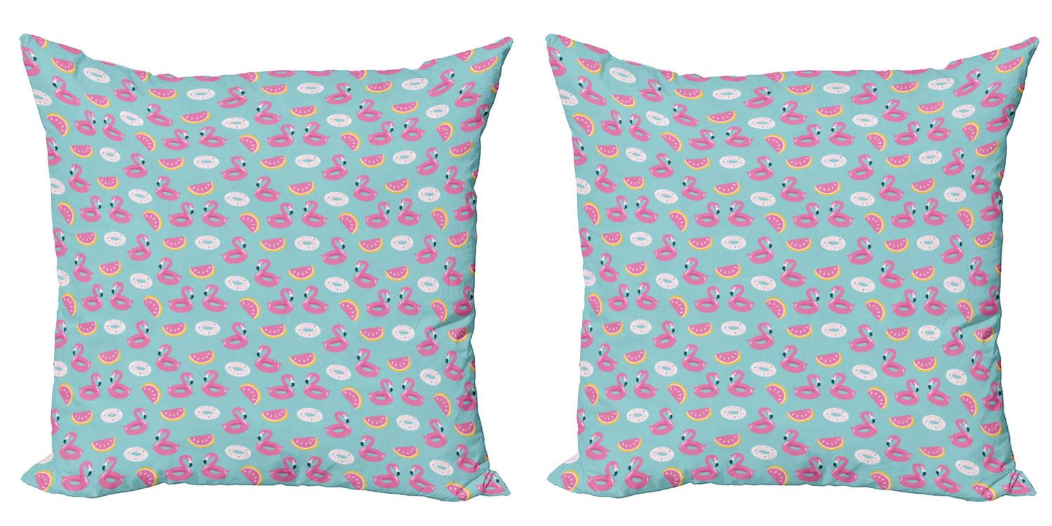 Ambesonne Summer Pink Donut & Flamingo Pool Design Throw Pillow Covers - Pack of 2, 20