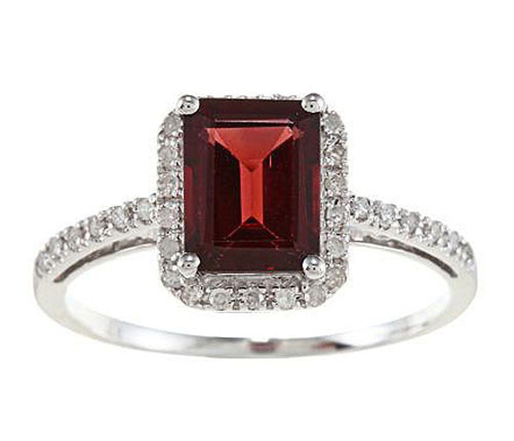 10K White Gold Emerald-Cut Garnet and Diamond Halo Ring for Women - Elegant Birthstone Jewelry Gift for Anniversary, Engagement or Special Occasion