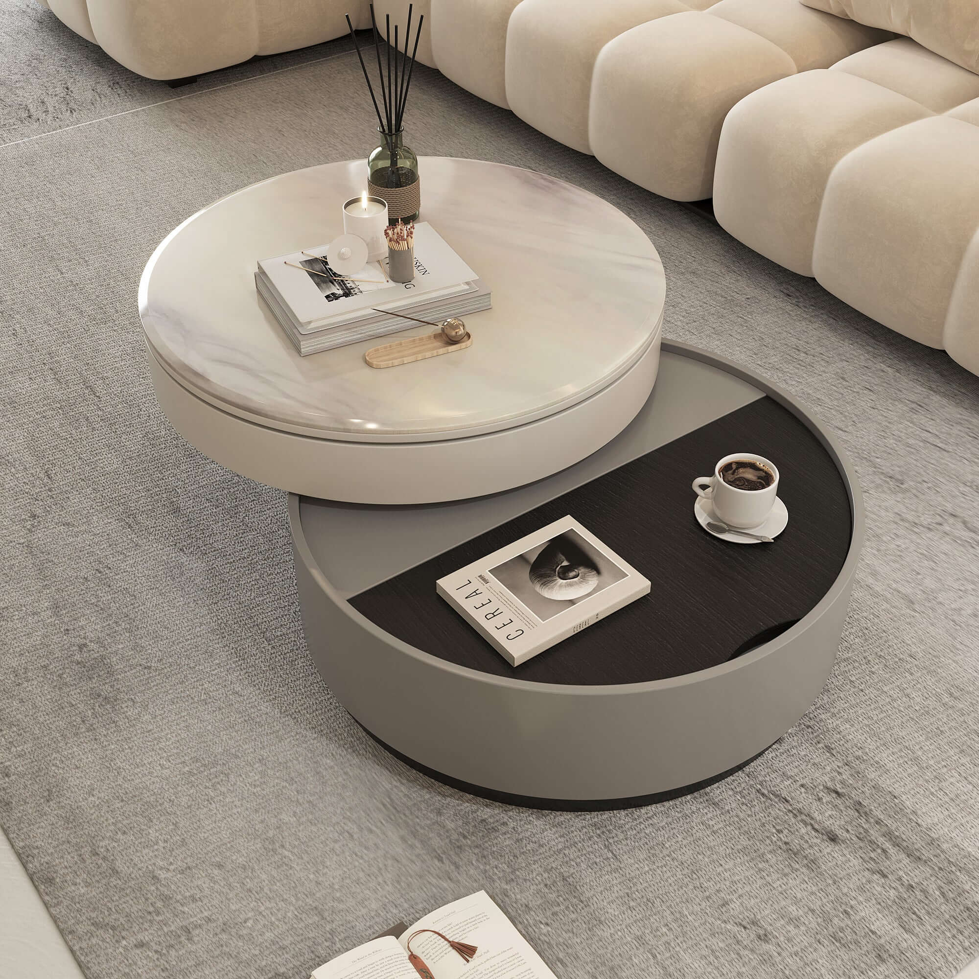 Rotating Round Coffee Table with Microcrystalline Stone Top - Modern Living Room Furniture for Home Decor & Entertainment