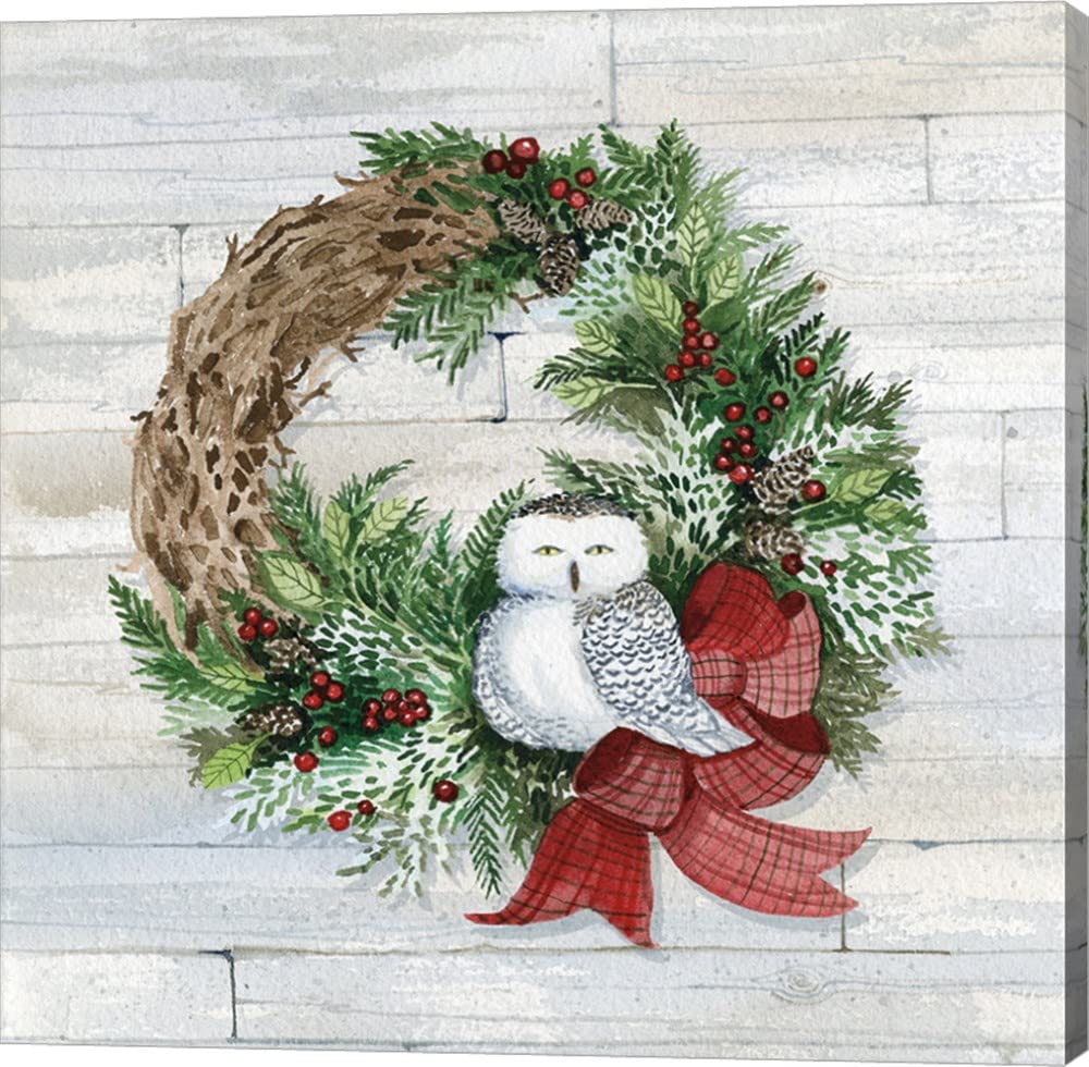 Holiday Wreath II on Wood Canvas Wall Art by Kathleen Parr McKenna - 8x8 Inch Gallery Wrapped Painting for Christmas Decor, Home & Office Wall Decorations