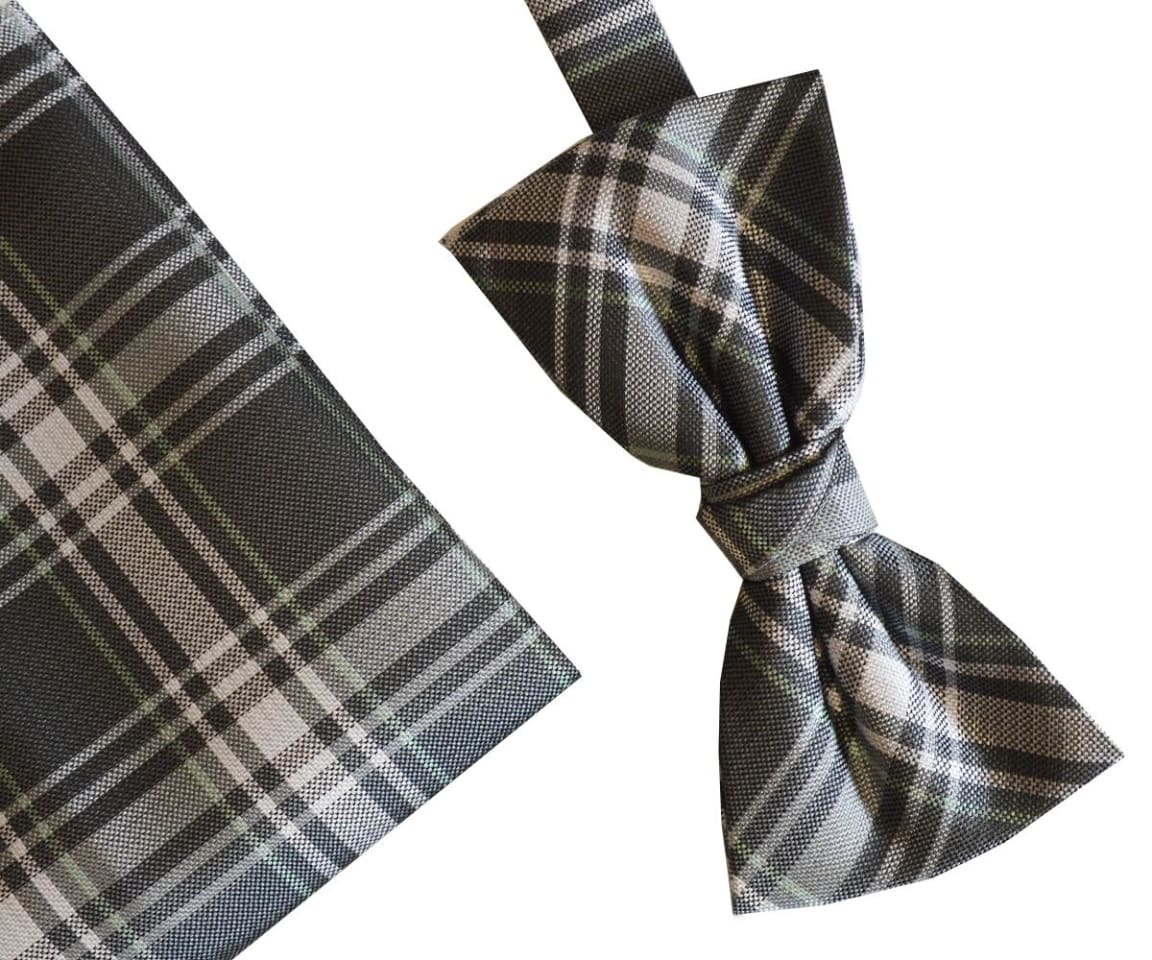 LA Smith Poly Grey Check Bow Tie and Pocket Square Set - Classic Formal Accessories for Weddings, Prom & Special Occasions