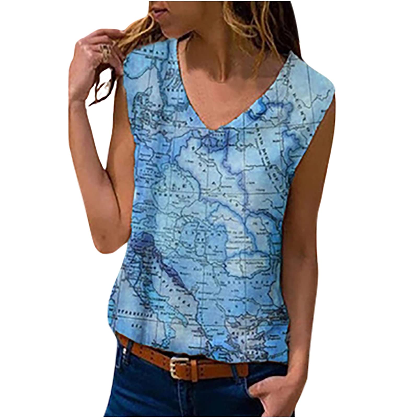 Women's Trendy V-Neck Sleeveless Printed Tank Top - Comfortable Loose Casual Summer Blouse with Map Design - Perfect for Beach, Travel, and Outdoor Activities