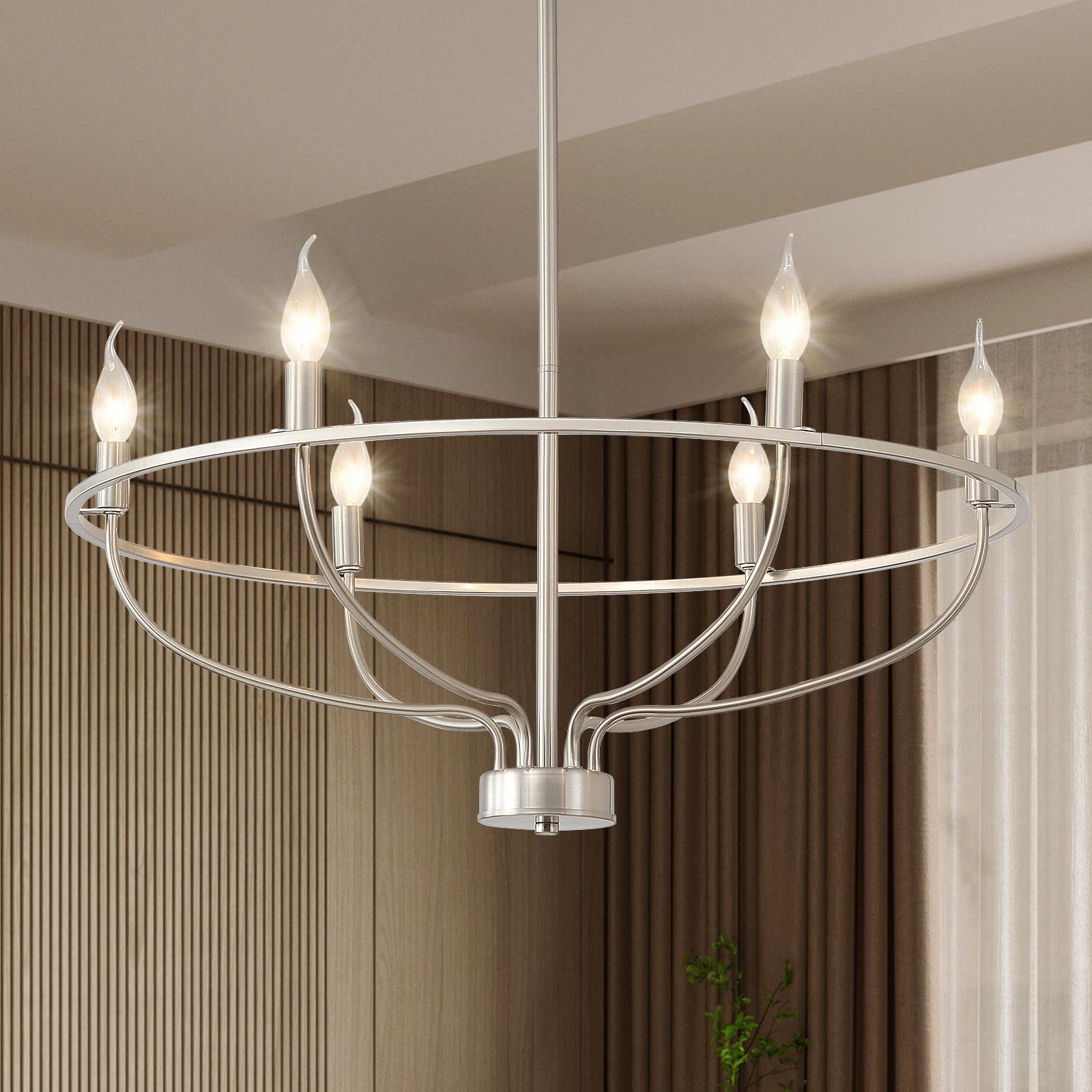 Modern Farmhouse Rustic Industrial Candle Chandelier - 6-Light Chrome Finish for Dining Room, Living Room, or Bedroom Lighting Decor