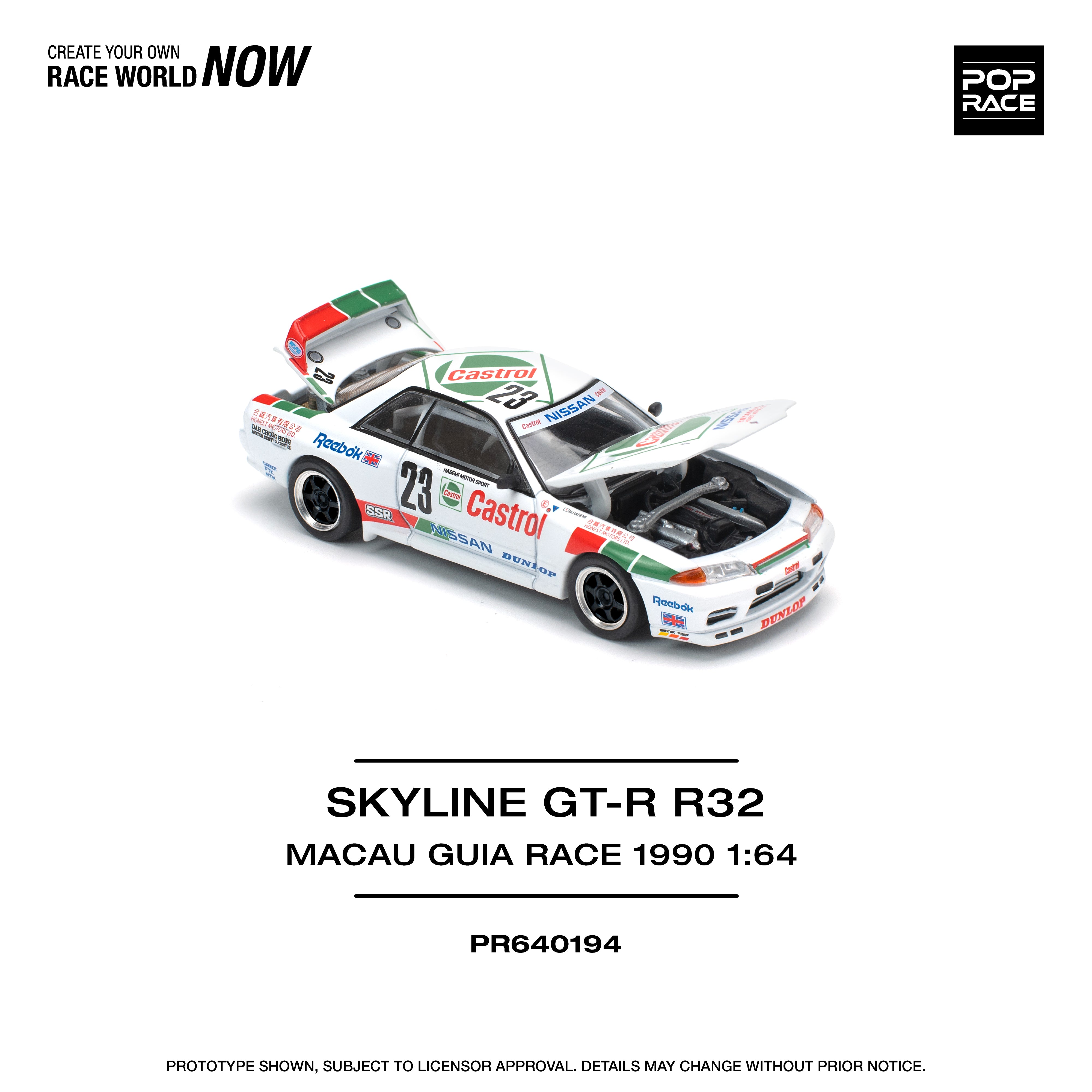 PREORDER Pop Race 1:64 Scale Nissan Skyline GT-R R32 Diecast Model Car - 1990 Macau Guia Race Winner - Collectible Miniature Vehicle for Display, Racing Enthusiasts & Gift Giving