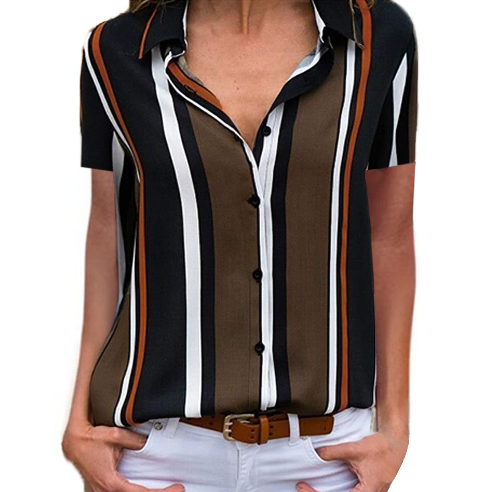 Women's Striped Scoop Neck Short Sleeve Button Down T-Shirt - Casual Summer Top with V-Neck Design - Perfect for Work, Weekend Outfits & Vacation Wear