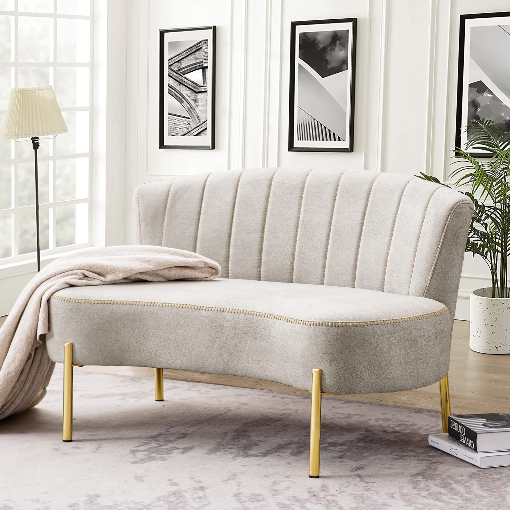 ANNJOE Upholstered Loveseat Settee Sofa with Backrest & Golden Metal Legs - Modern Couch Bench for Living Room, Bedroom & Dining Room - Perfect for Small Spaces, Reading Nook & Cozy Seating
