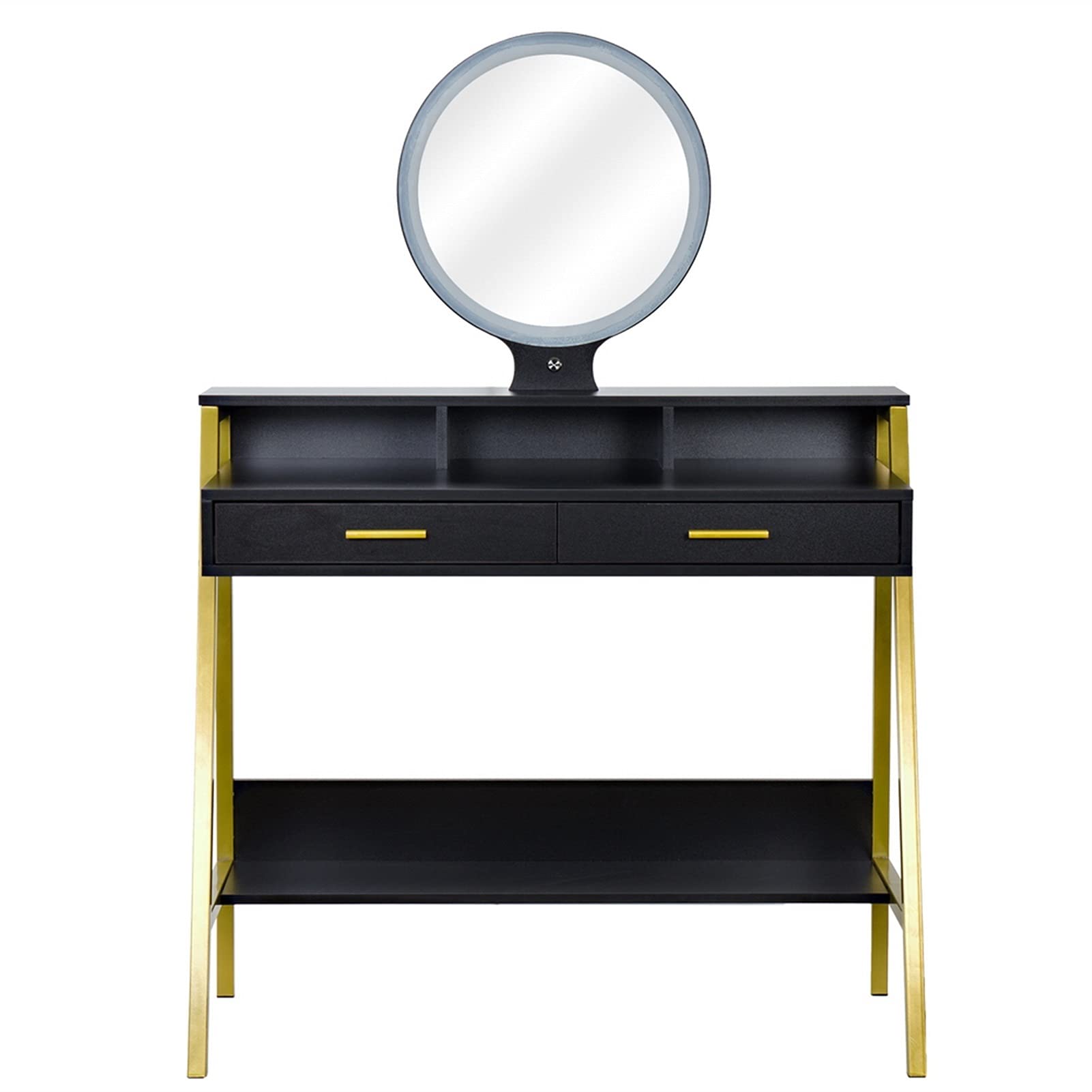 Golden LED Vanity Desk with Mirror & Drawers for Makeup - Black