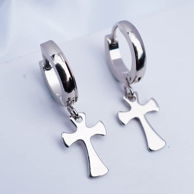 XoA&TT Cross Earrings - Fashionable Small Stainless Steel Hoop Earrings Punk Style Jewelry for Women & Men (BE0076) - Perfect for Everyday Wear, Parties, and Gothic Fashion