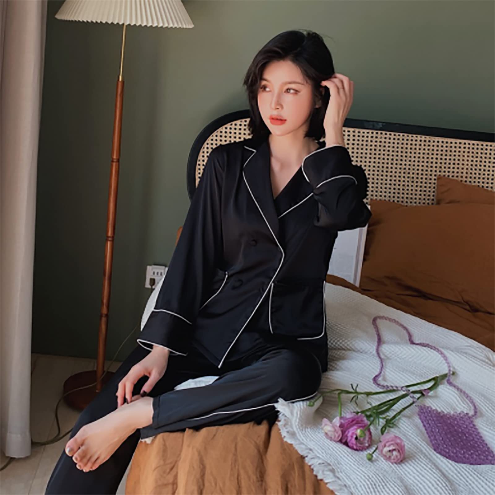 Premium Women's Ice Silk Pajama Set - Long Sleeve Top & Pants for Fall/Winter - Soft Comfortable Sleepwear for Home & Lounge (Black, Large) | Cozy Nightwear for Relaxation, Spa Days & Gift Giving