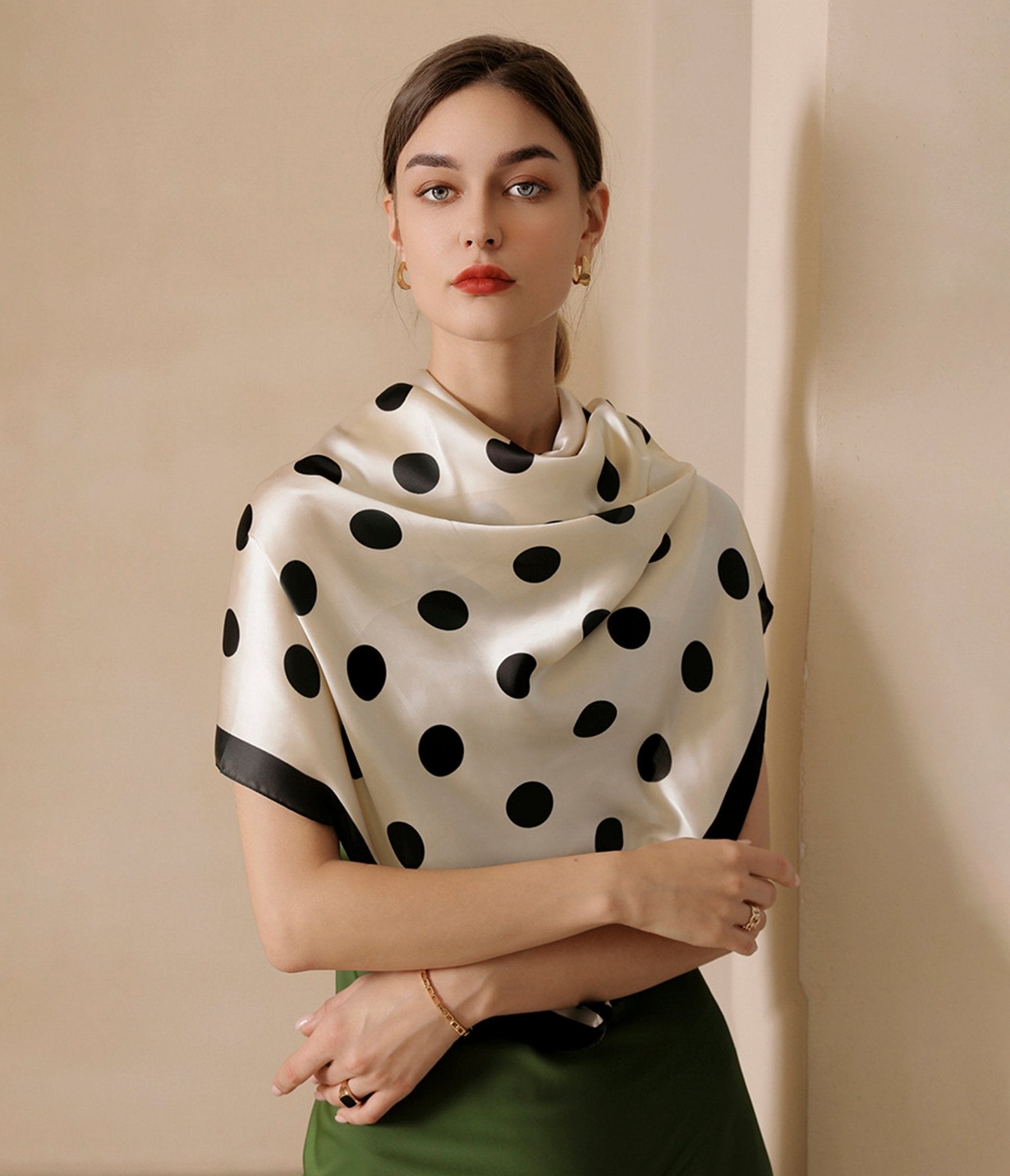 Elegant Beige & Black Polka Dot Silk Scarf - Lightweight Luxury Fashion Accessory for Women - Perfect for Office, Parties & Special Occasions