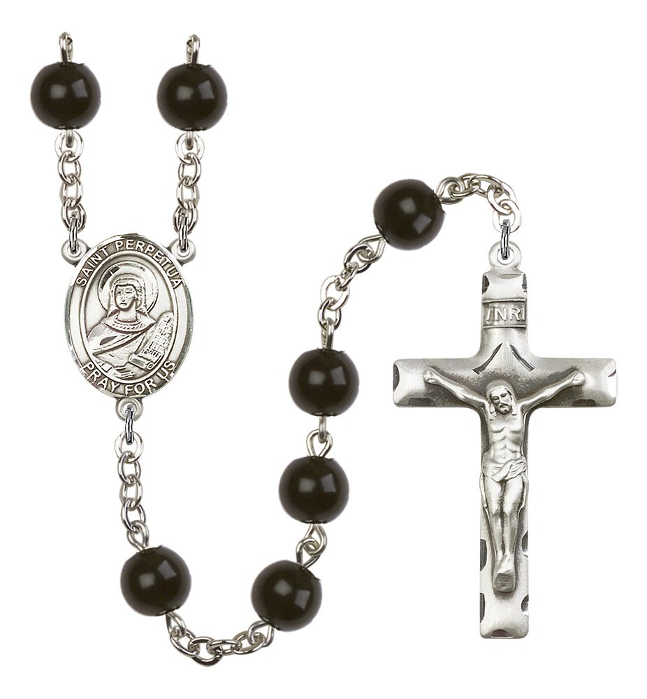 Silver Plated Rosary with 7mm Black Onyx Beads - 1 3/4 x 1 Crucifix & St. Perpetua Medal - Perfect for Prayer, Meditation, and Religious Gifts
