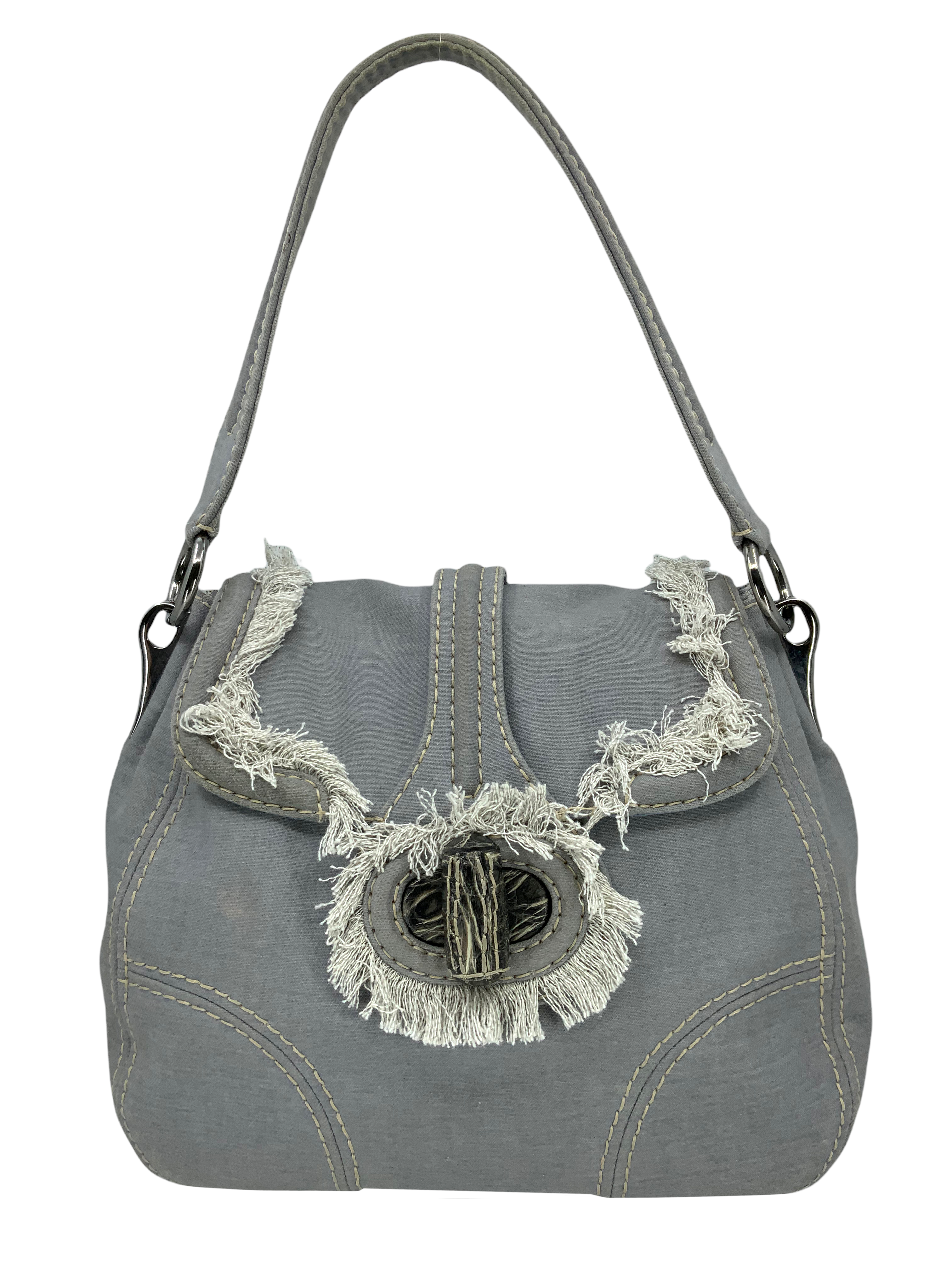 Prada Pattina Sottospalla Denim Fringe Large Flap Shoulder Bag - Stylish Designer Handbag for Women, Perfect for Casual Outings, Parties & Daily Use