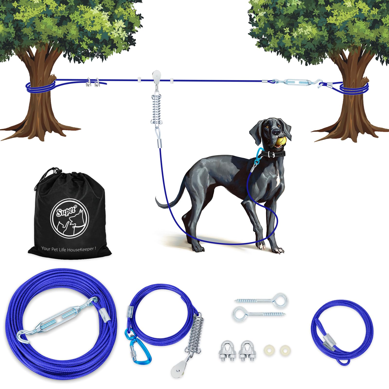 Heavy Duty 10ft & 50ft Dog Run Cable - Aerial Dog Trolley System for Large Dogs up to 250lbs | Outdoor Pet Tie Out for Backyard, Camping & Travel | Durable Zinc Coated Steel with Swivel Hook (Blue) | Perfect for Active Dogs, Secure Outdoor Play & Training Sessions