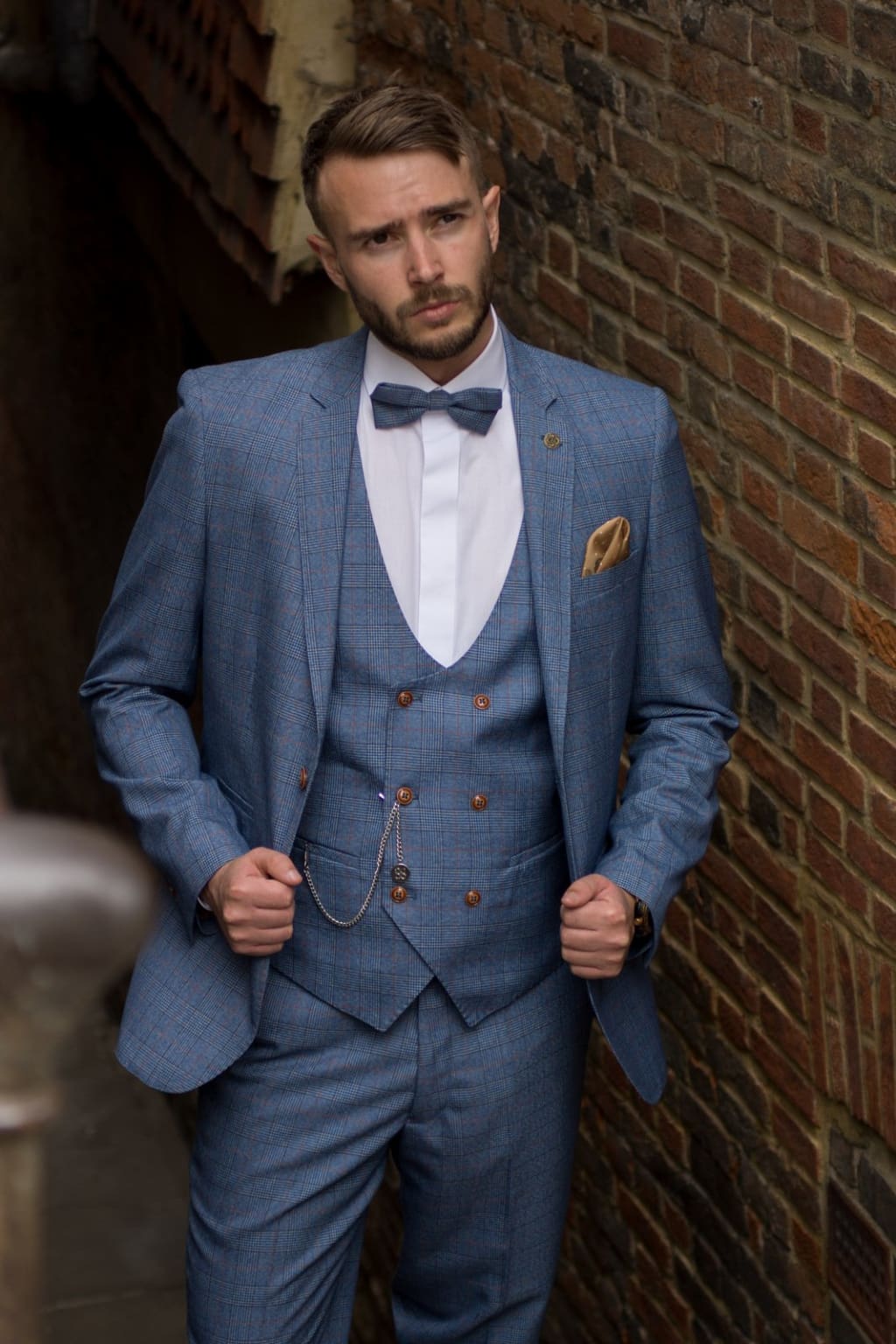Light Blue Check Three Piece Suit for Men - Marc Darcy George Style Formal Wear | Perfect for Weddings, Business Meetings & Special Occasions