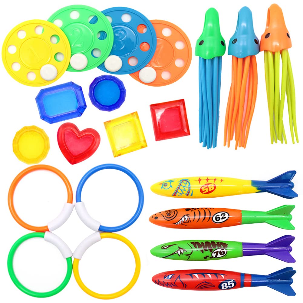 21Pcs Pool Diving Toys Set with Storage Bag - Underwater Swim Toys for Kids Ages 6-10, Includes Sparkling Gems, Rings, Torpedoes & Sea Grass Sticks - Perfect Summer Water Games for Boys & Girls at Pool Parties, Beach Vacations & Swimming Lessons