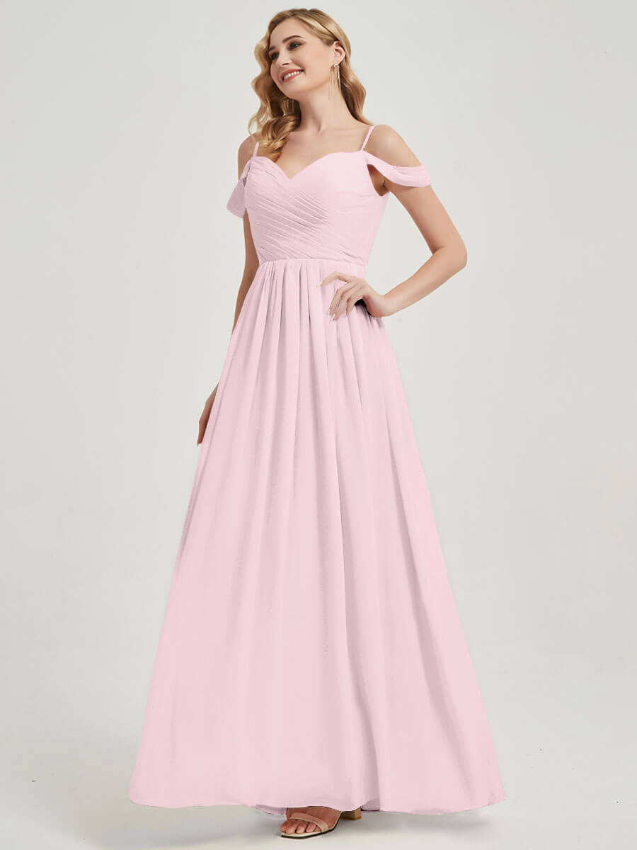 Elegant Blush Cold Shoulder Spaghetti Straps Pleated Chiffon Bridesmaid Dress - Perfect for Weddings, Prom, Formal Events & Special Occasions