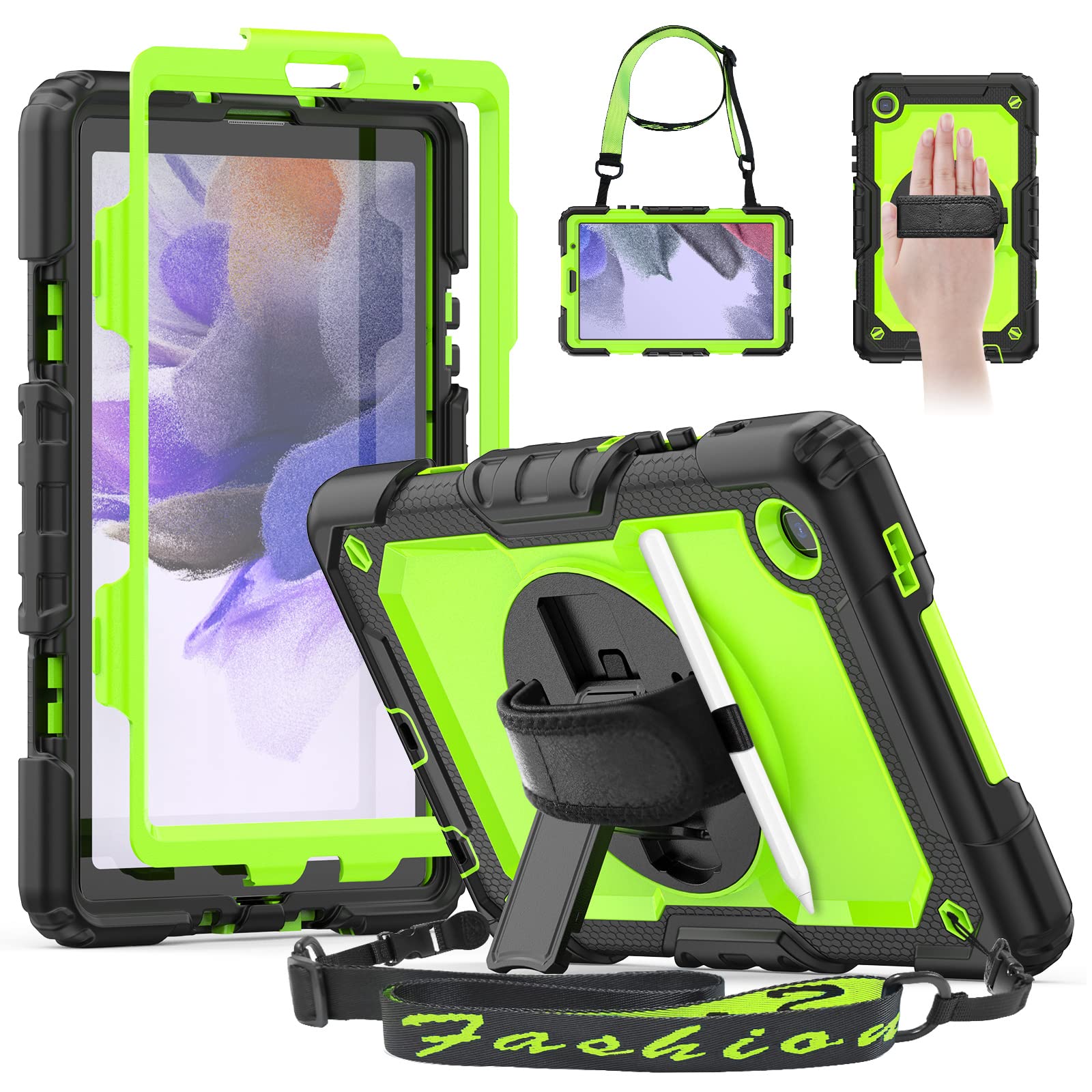 Samsung Tab A7 Lite Case 8.7 Inch 2021 - Shockproof Kids Tablet Cover with Built-in Screen Protector, 360° Rotating Hand Strap & Shoulder Strap, Pencil Holder & Stand for Galaxy Tab A7 Lite T220/T225/T227 - Perfect for School, Travel & Outdoor Play (Green)