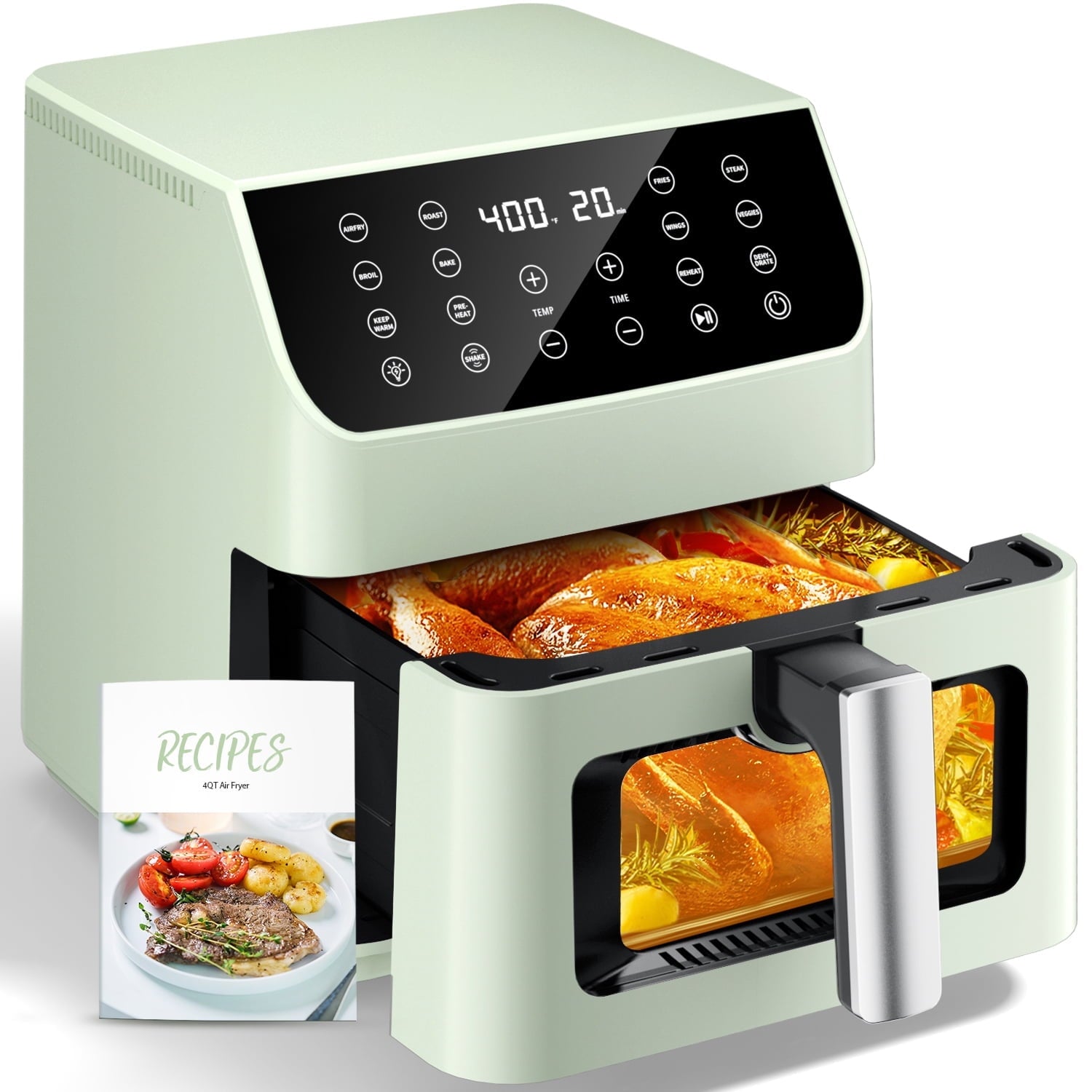 Aeitto WM 808 5.8QT Large Digital Air Fryer with Clear Window - 12-in-1 Functions, Flavor Lock Technology, Shake Reminder, Compact & Dishwasher Safe Nonstick Basket - Perfect for Healthy Cooking, Fast Meals & Family Dinners (Green)