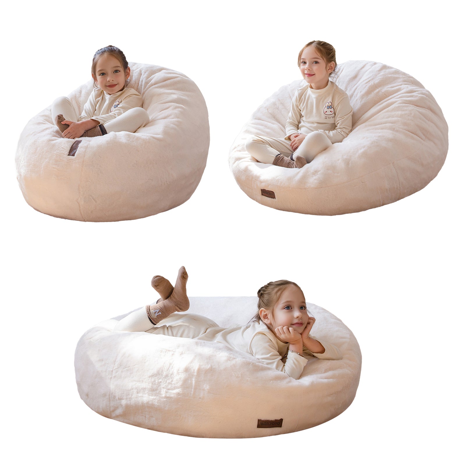 MAXYOYO 3-in-1 Kids Bean Bag Chair Bed - Convertible Faux Fur Round Floor Sofa for Children | Gaming Chair, Reading Nook & Nap Space | Soft Beige Comfort for Playroom, Bedroom & Dorm (Machine Washable)