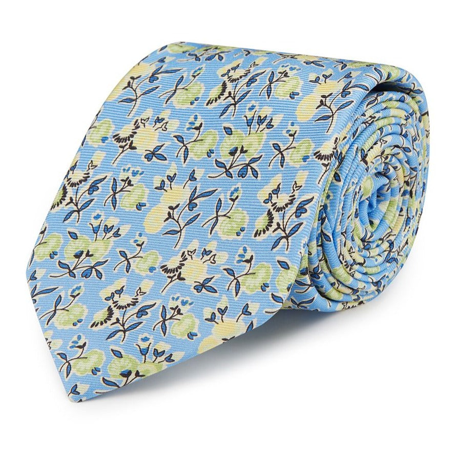 Stylish Blue and Yellow Floral Silk Tie for Men - Elegant Climbing Large Print Design - Perfect for Weddings, Business Meetings, and Formal Occasions