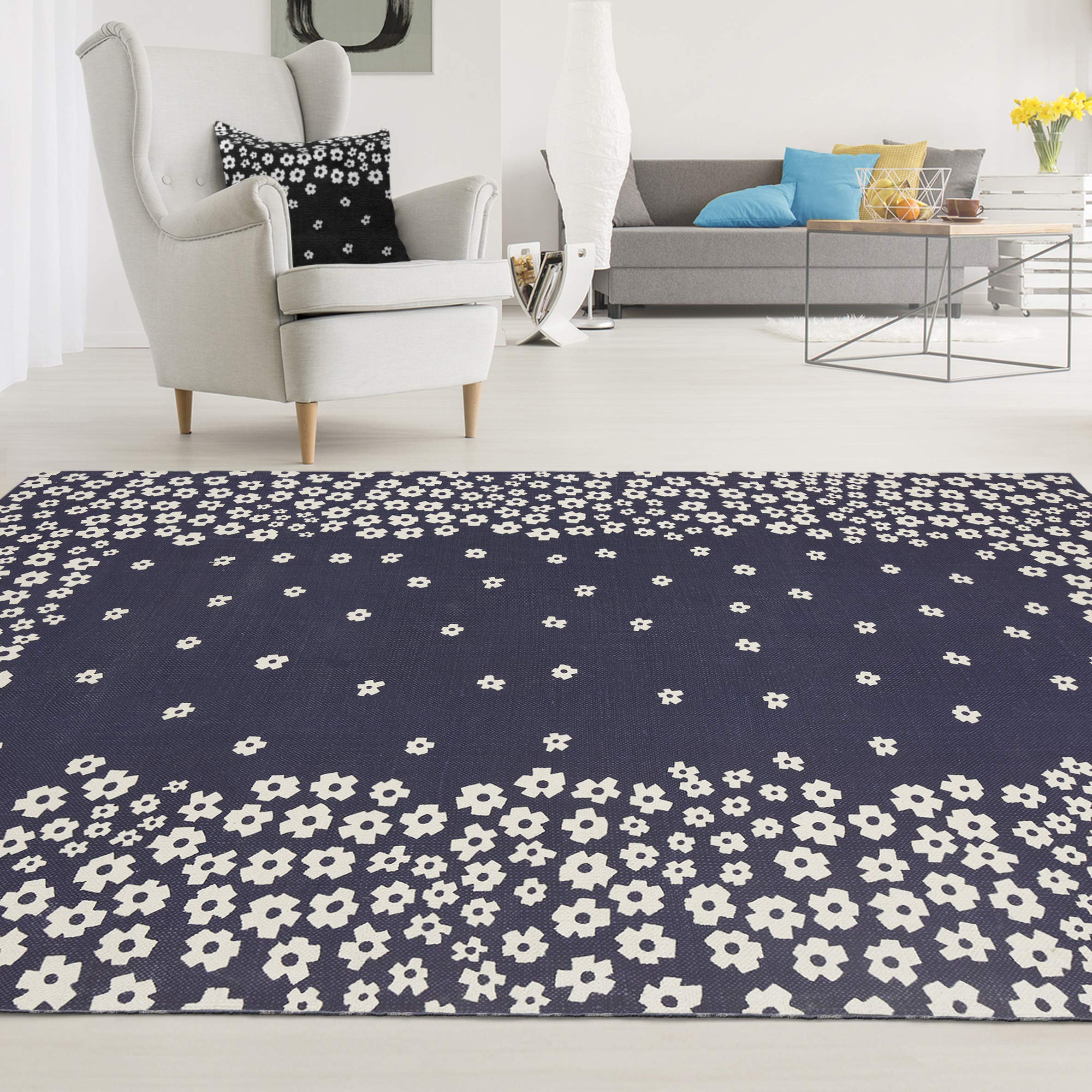 Premium Handmade Wildflower Area Rug - 8' x 10' Navy Blue Bohemian Style Rug for Living Room, Bedroom & Home Decor