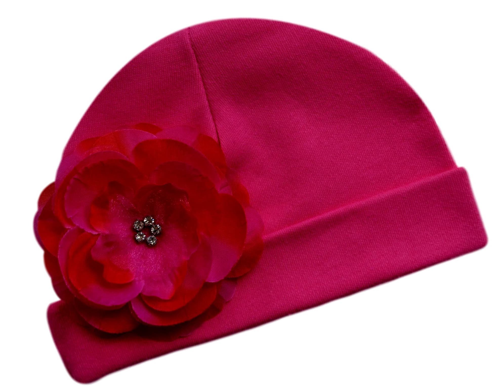 Funny Girl Designs Baby Girls Cotton Hat with Emma Flower - Soft & Breathable for Newborn to 6 Months - Perfect for Photoshoots, Outdoor Walks & Special Occasions